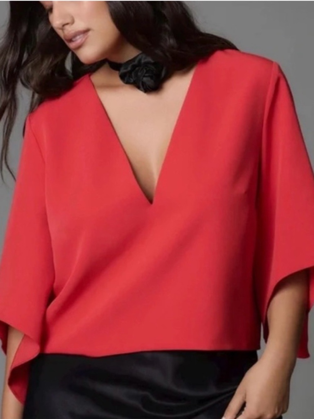 Anthropologie Red V-Neck Draped Sleeve Blouse